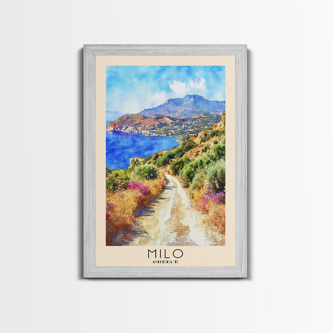 Milo, Greece Watercolor Beach Print, Vacation Gift, Greece Wall Art, Framed Canvas Print, Framed Beach Painting