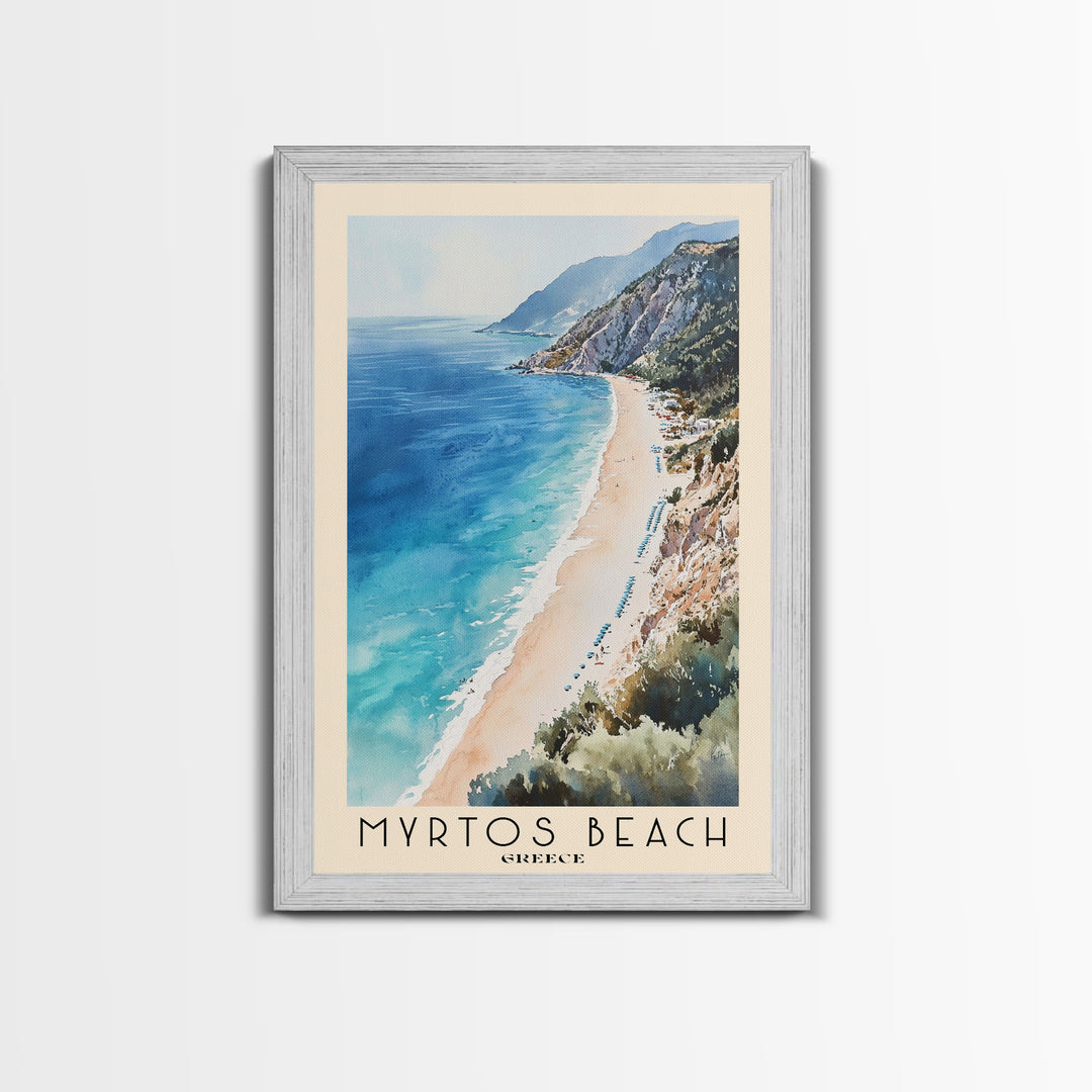 Myrtos Beach, Greece Watercolor Print, Vacation Gift, Greece Wall Art, Beach Painting, Beach Decor, Large Wall Art, Wood Frame Art