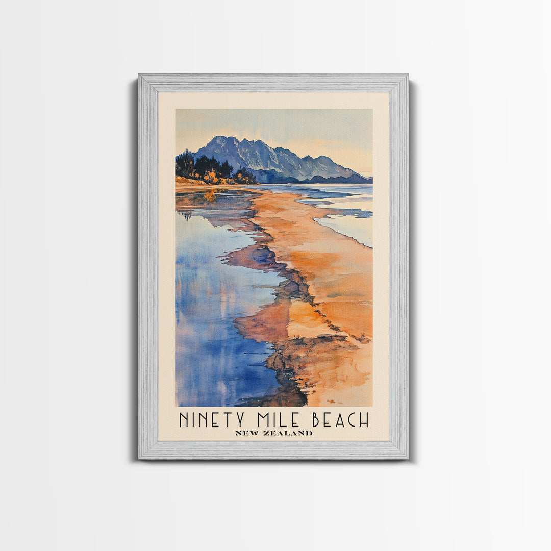 Ninety Mile Beach, New Zealand Watercolor Print, Vacation Gift, New Zealand Wall Art, Beach Painting, Beach Decor, Large Wall Art, Wood Frame Art