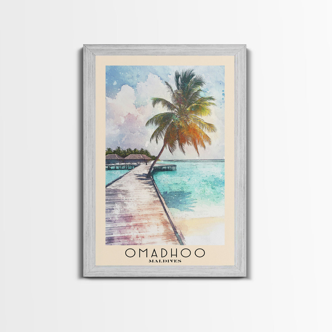 Omadhoo, Maldives Watercolor Print, Vacation Gift, Maldives Wall Art, Beach Painting, Beach Decor, Large Wall Art, Wood Frame Art