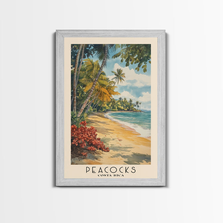 Peacocks, Costa Rica Watercolor Beach Print, Vacation Gift, Costa Rica Wall Art, Framed Canvas Print, Framed Beach Painting