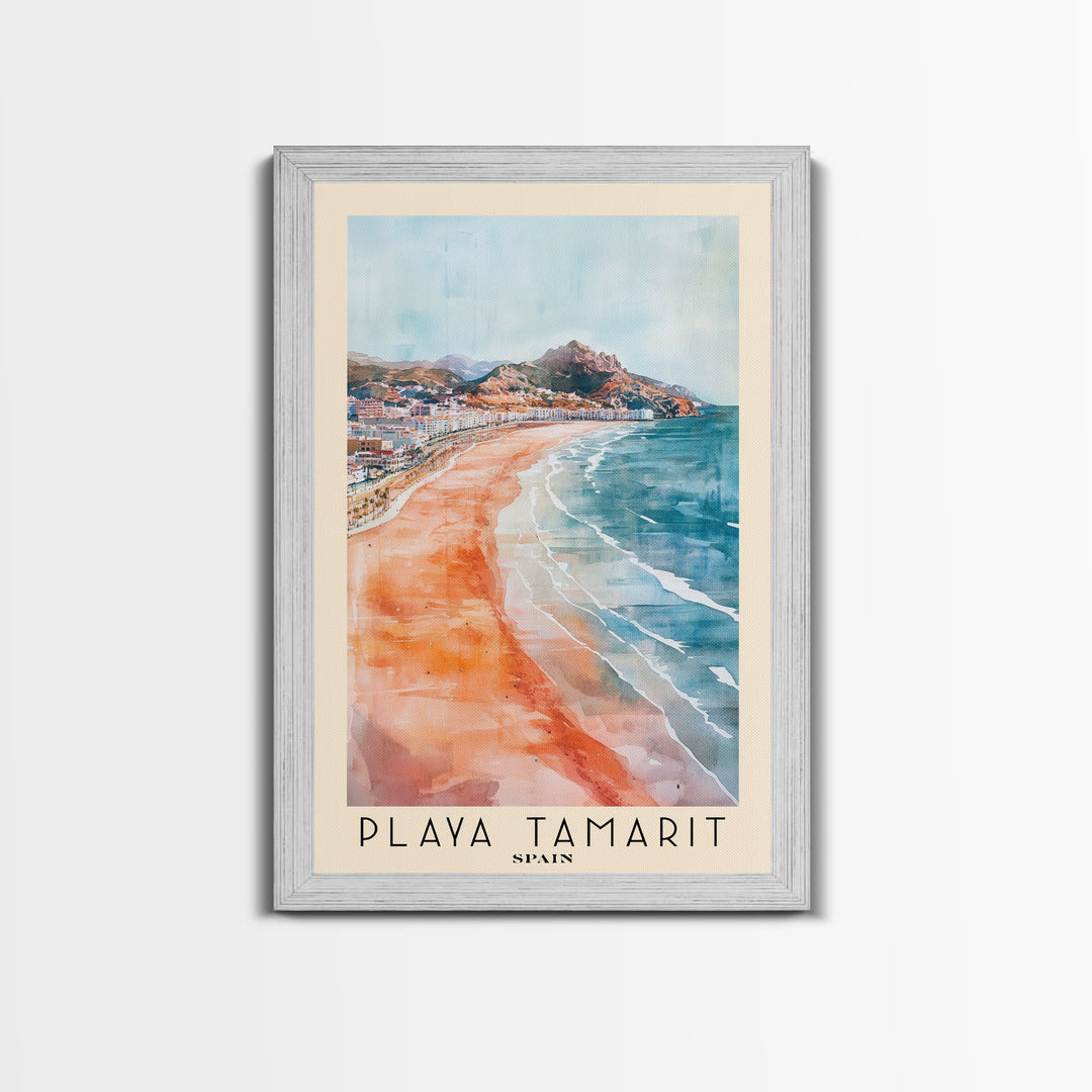 Playa Tamarit, Spain Watercolor Print, Vacation Gift, Spain Wall Art, Beach Painting, Beach Decor, Large Wall Art, Wood Frame Art