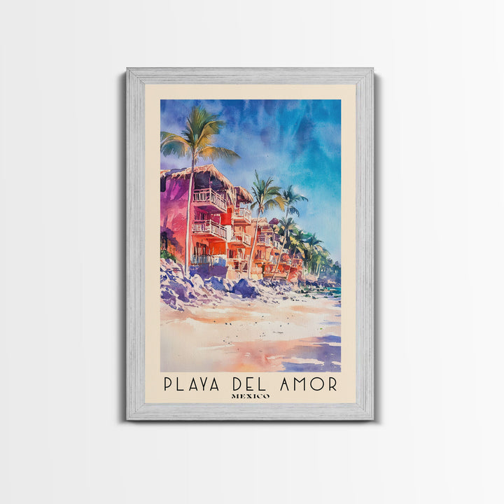 Playa del Amor, Mexico Watercolor Beach Print, Vacation Gift, Mexico Wall Art, Framed Canvas Print, Framed Beach Painting