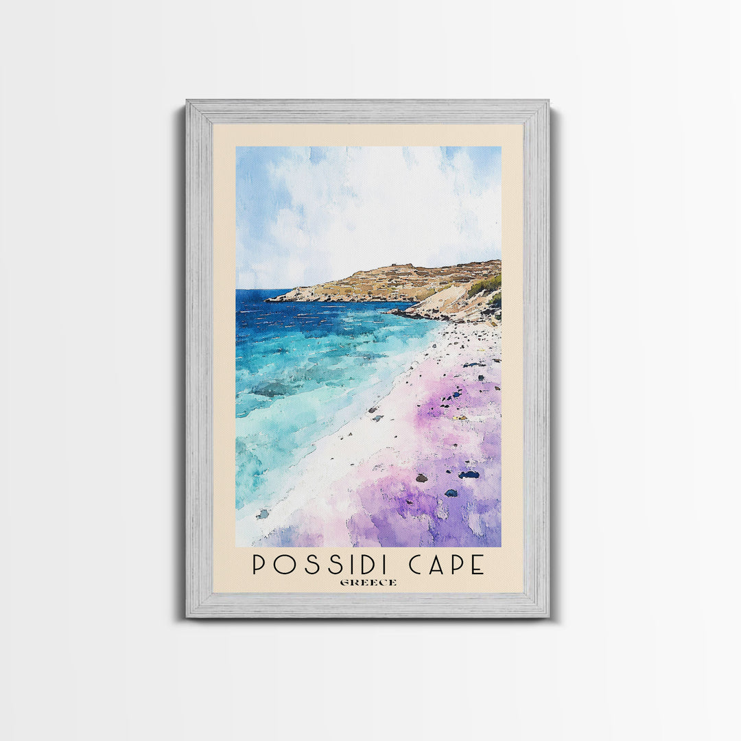 Possidi Cape, Greece Watercolor Beach Print, Vacation Gift, Greece Wall Art, Framed Canvas Print, Framed Beach Painting