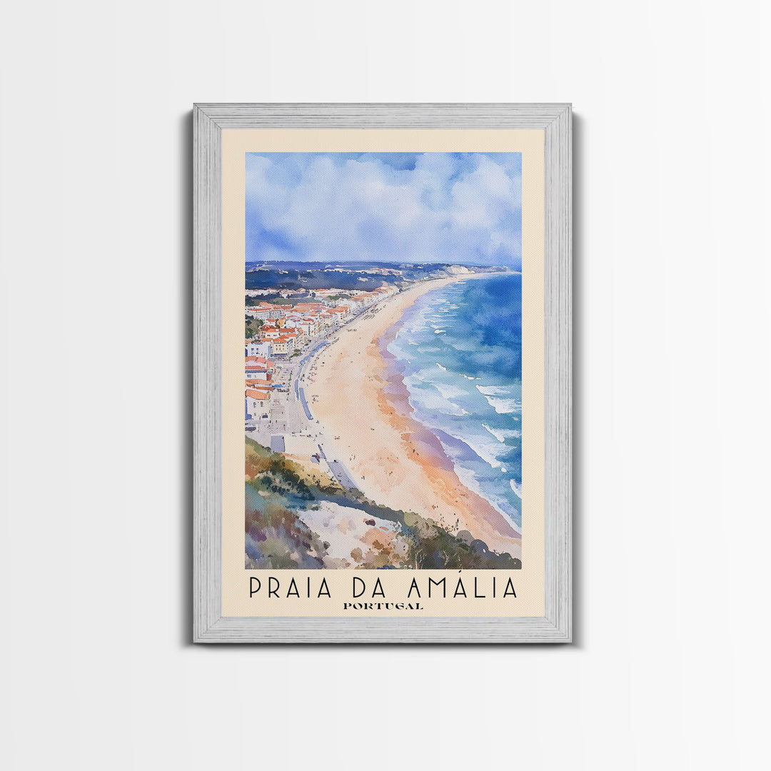 Praia da Amália, Portugal Watercolor Beach Print, Vacation Gift, Portugal Wall Art, Framed Canvas Print, Framed Beach Painting