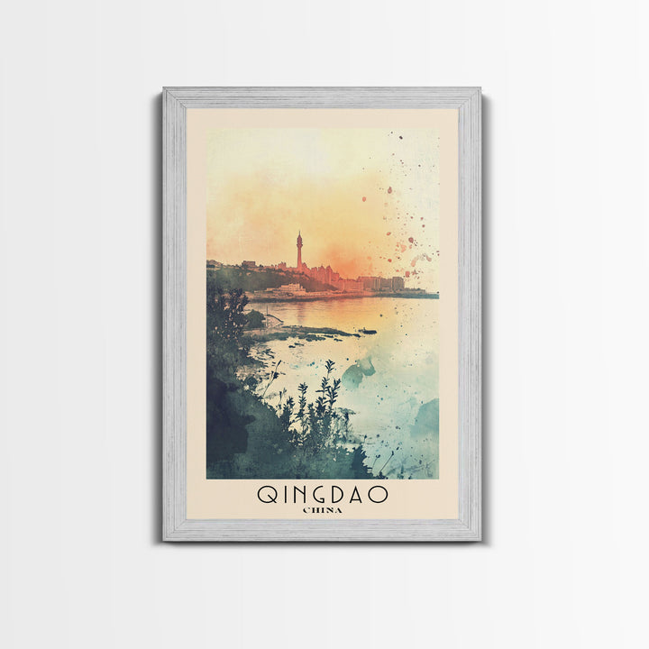 Qingdao, China Watercolor Beach Print, Vacation Gift, China Wall Art, Framed Canvas Print, Framed Beach Painting