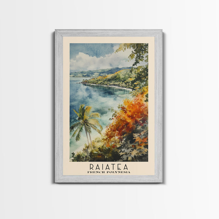 Raiatea, French Polynesia Watercolor Beach Print, Vacation Gift, French Polynesia Wall Art, Framed Canvas Print, Framed Beach Painting