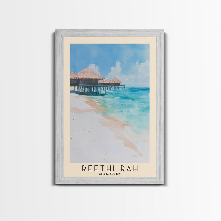 Reethi Rah, Maldives Watercolor Beach Print, Vacation Gift, Maldives Wall Art, Framed Canvas Print, Framed Beach Painting