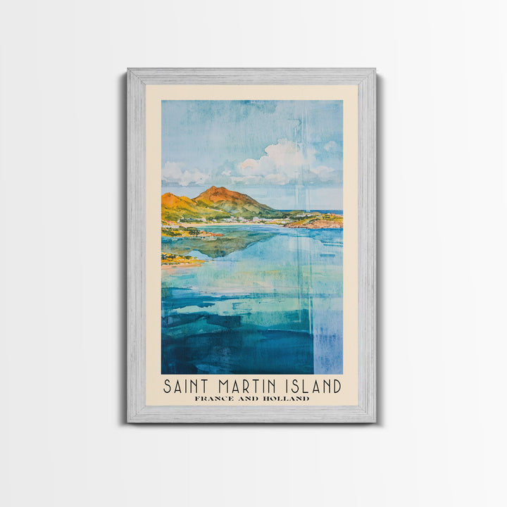 Saint Martin Island, France and Holland Watercolor Beach Print, Vacation Gift, France and Holland Wall Art, Framed Canvas Print, Framed Beach Painting