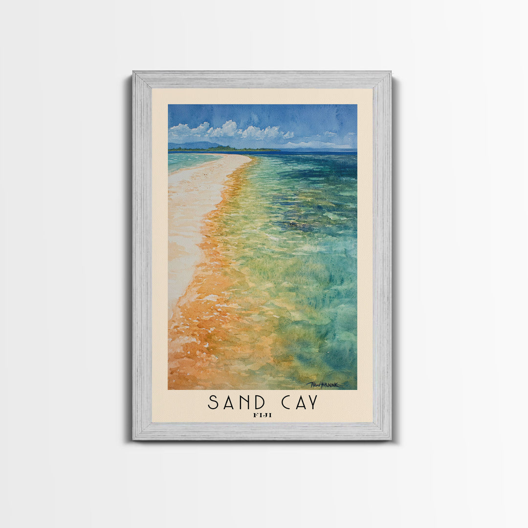 Sand Cay, Fiji Watercolor Beach Print, Vacation Gift, Fiji Wall Art, Framed Canvas Print, Framed Beach Painting