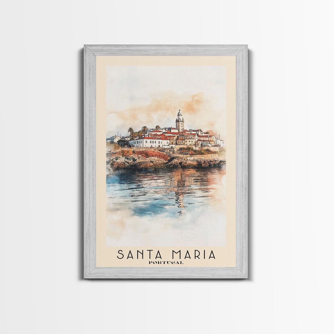 Santa Maria, Portugal Watercolor Beach Print, Vacation Gift, Portugal Wall Art, Framed Canvas Print, Framed Beach Painting