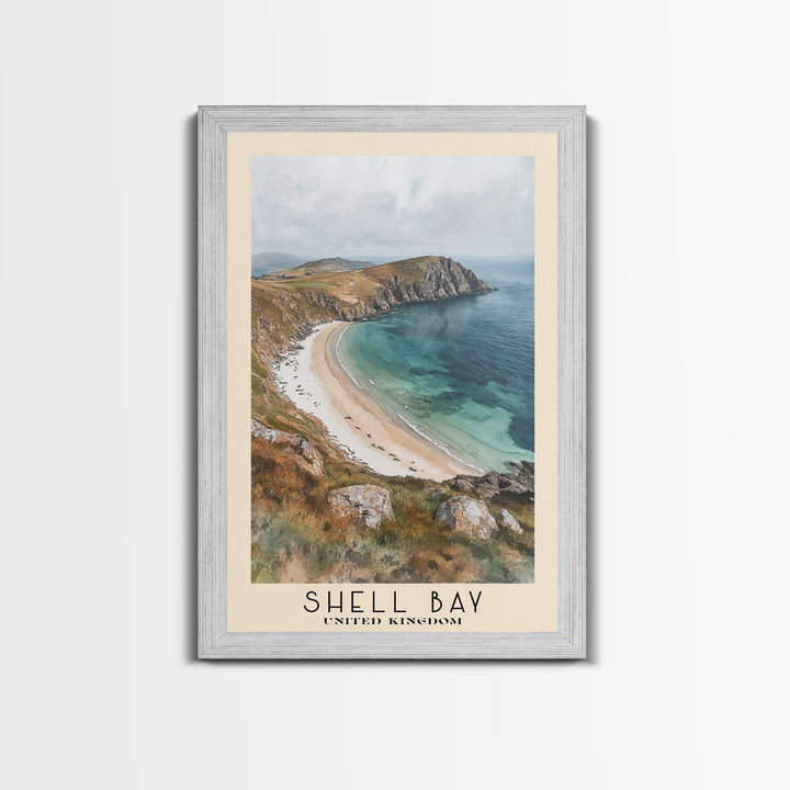 Shell Bay, United Kingdom Watercolor Beach Print, Vacation Gift, United Kingdom Wall Art, Framed Canvas Print, Framed Beach Painting