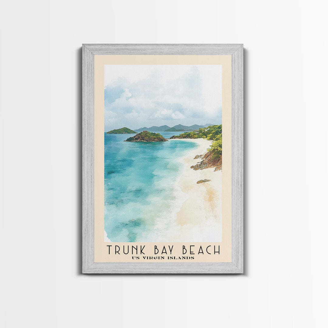 Trunk Bay Beach, US Virgin islands Watercolor Beach Print, Vacation Gift, US Virgin islands Wall Art, Framed Canvas Print, Framed Beach Painting