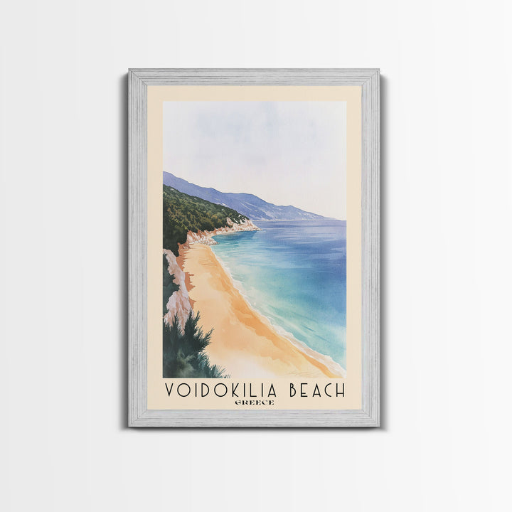 Voidokilia Beach, Greece Watercolor Beach Print, Vacation Gift, Greece Wall Art, Framed Canvas Print, Framed Beach Painting