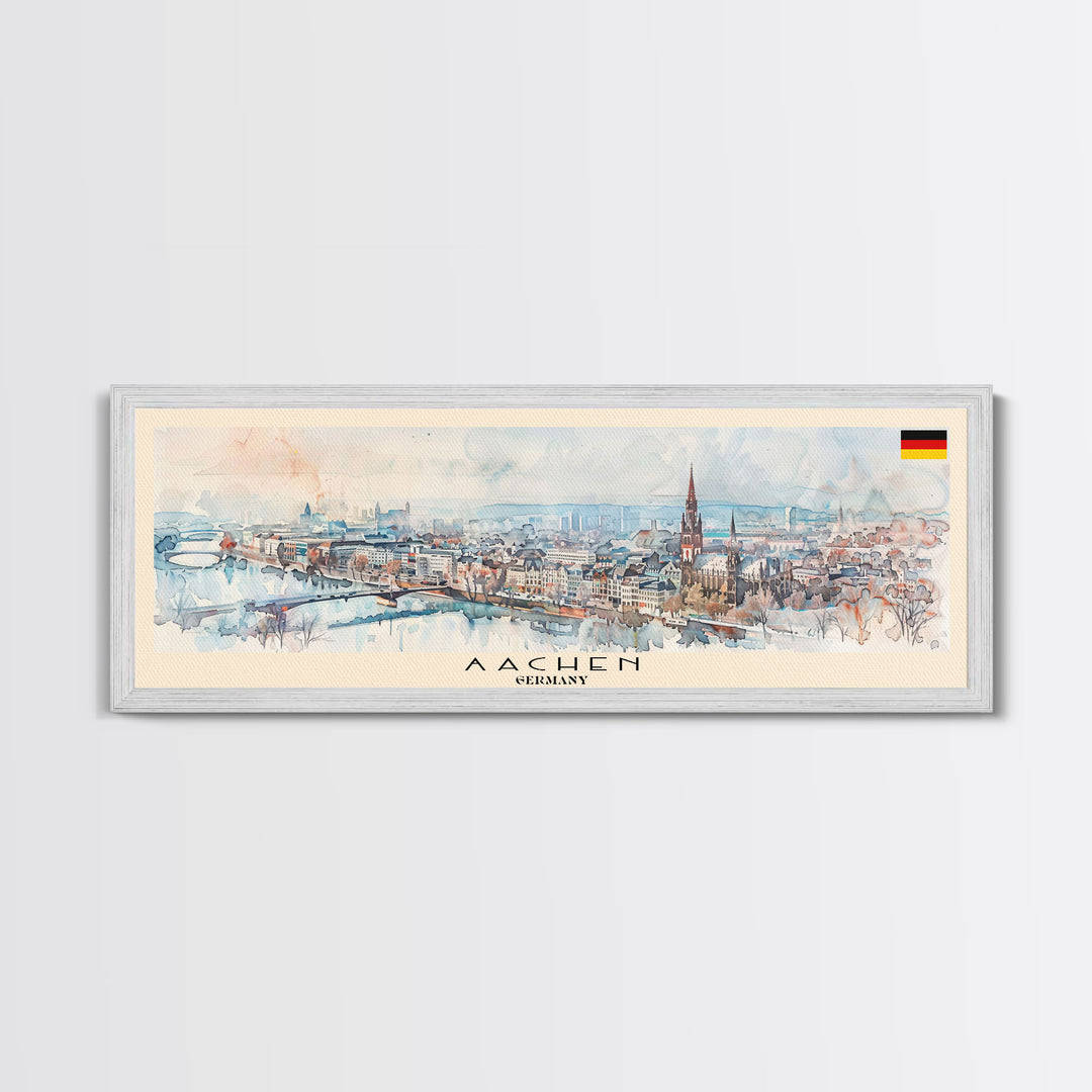 Aachen Germany  Panoramic Travel Poster, Framed Canvas Print or Metal Wall Art, Travel Art, Home Decor, Panoramic Painting, Midcentury Art