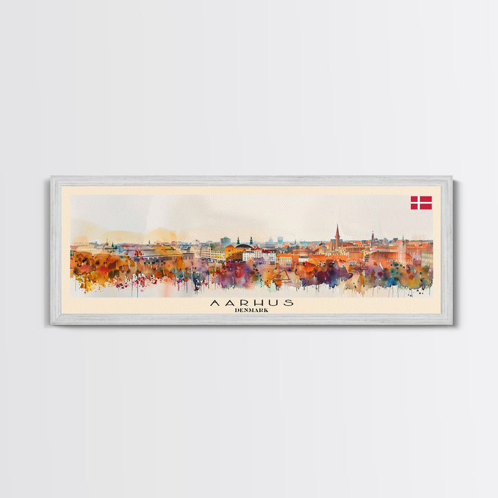 Aarhus Denmark  Panoramic Travel Poster, Framed Canvas Print or Metal Wall Art, Travel Art, Home Decor, Panoramic Painting, Midcentury Art