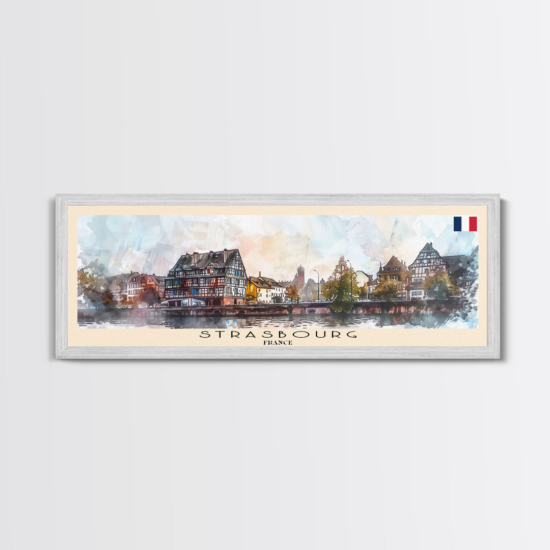 Strasbourg France Panoramic Travel Poster, Framed Canvas Print or Metal Wall Art, Travel Art, Home Decor, Panoramic Painting, Midcentury Art