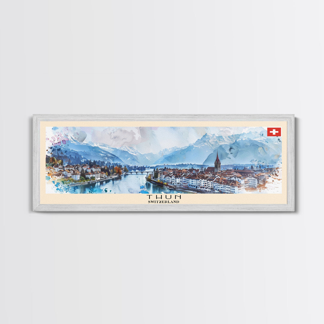 Thun Switzerland Panoramic Travel Poster, Framed Canvas Print or Metal Wall Art, Travel Art, Home Decor, Panoramic Painting, Midcentury Art