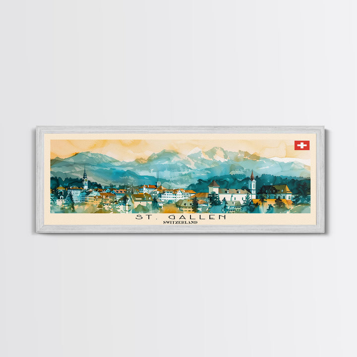 St. Gallen Switzerland Panoramic Travel Poster, Framed Canvas Print or Metal Wall Art, Travel Art, Home Decor, Panoramic Painting, Midcentury Art