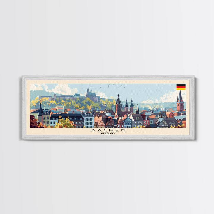 Aachen Germany  Panoramic Travel Poster, Framed Canvas Print or Metal Wall Art, Travel Art, Home Decor, Panoramic Painting, Midcentury Art