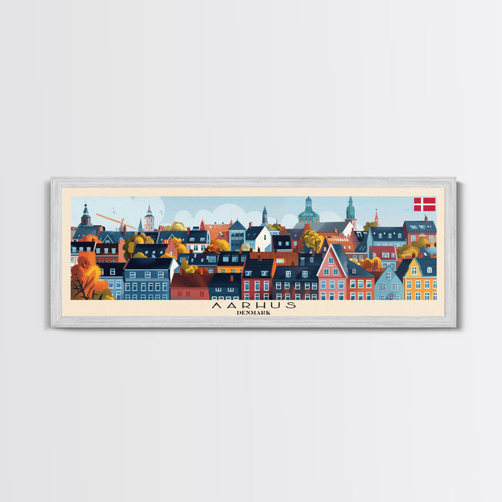 Aarhus Denmark  Panoramic Travel Poster, Framed Canvas Print or Metal Wall Art, Travel Art, Home Decor, Panoramic Painting, Midcentury Art