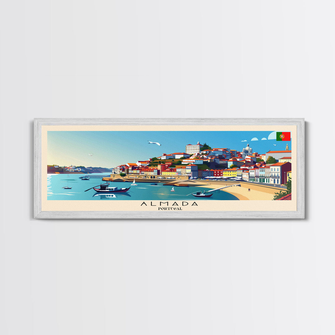 Almada  Portugal Travel Art, City Art, Framed Canvas Print or Metal Wall Art, Europe Travel Poster, Panoramic Wall Art, Extra Wide Wall Art