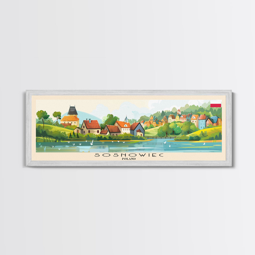 Sosnowiec Poland Panoramic Travel Poster, Framed Canvas Print or Metal Wall Art, Travel Art, Home Decor, Panoramic Painting, Midcentury Art