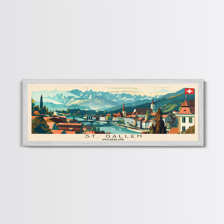 St. Gallen Switzerland Panoramic Travel Poster, Framed Canvas Print or Metal Wall Art, Travel Art, Home Decor, Panoramic Painting, Midcentury Art