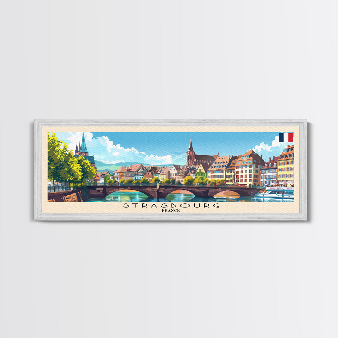 Strasbourg France Panoramic Travel Poster, Framed Canvas Print or Metal Wall Art, Travel Art, Home Decor, Panoramic Painting, Midcentury Art