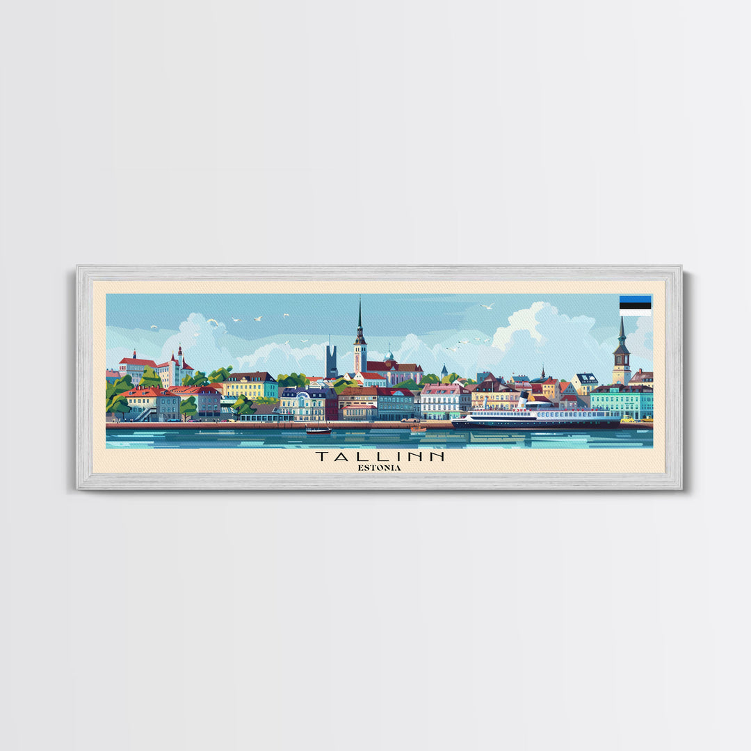 Tallinn Estonia Panoramic Travel Poster, Framed Canvas Print or Metal Wall Art, Travel Art, Home Decor, Panoramic Painting, Midcentury Art