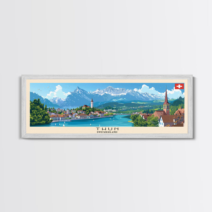 Thun Switzerland Panoramic Travel Poster, Framed Canvas Print or Metal Wall Art, Travel Art, Home Decor, Panoramic Painting, Midcentury Art