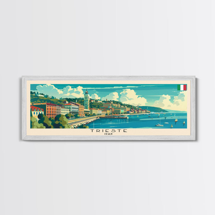 Trieste Italy Panoramic Travel Poster, Framed Canvas Print or Metal Wall Art, Travel Art, Home Decor, Panoramic Painting, Midcentury Art