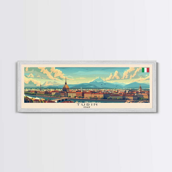 Turin Italy Panoramic Travel Poster, Framed Canvas Print or Metal Wall Art, Travel Art, Home Decor, Panoramic Painting, Midcentury Art