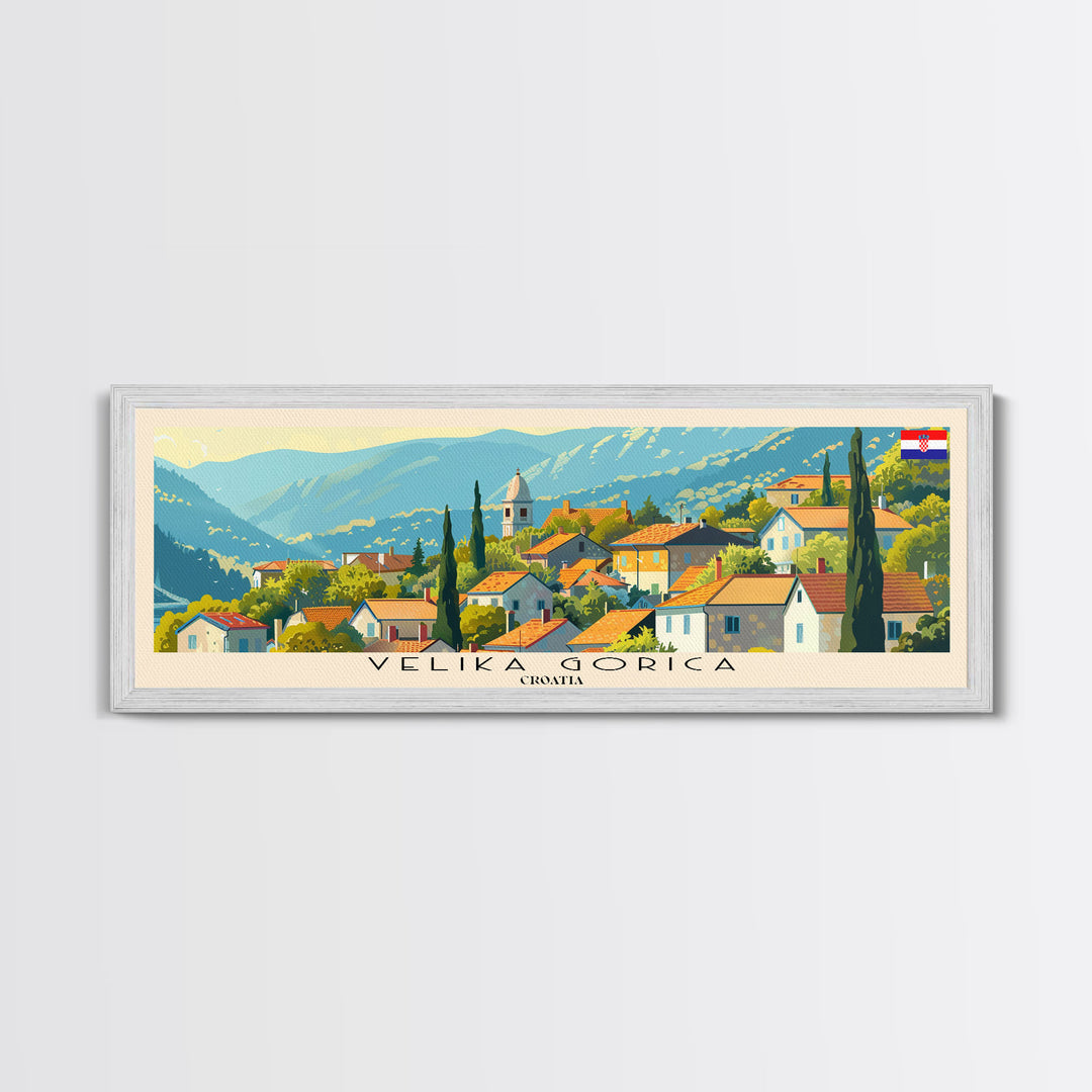 Velika Gorica Croatia Panoramic Travel Poster, Framed Canvas Print or Metal Wall Art, Travel Art, Home Decor, Panoramic Painting, Midcentury Art