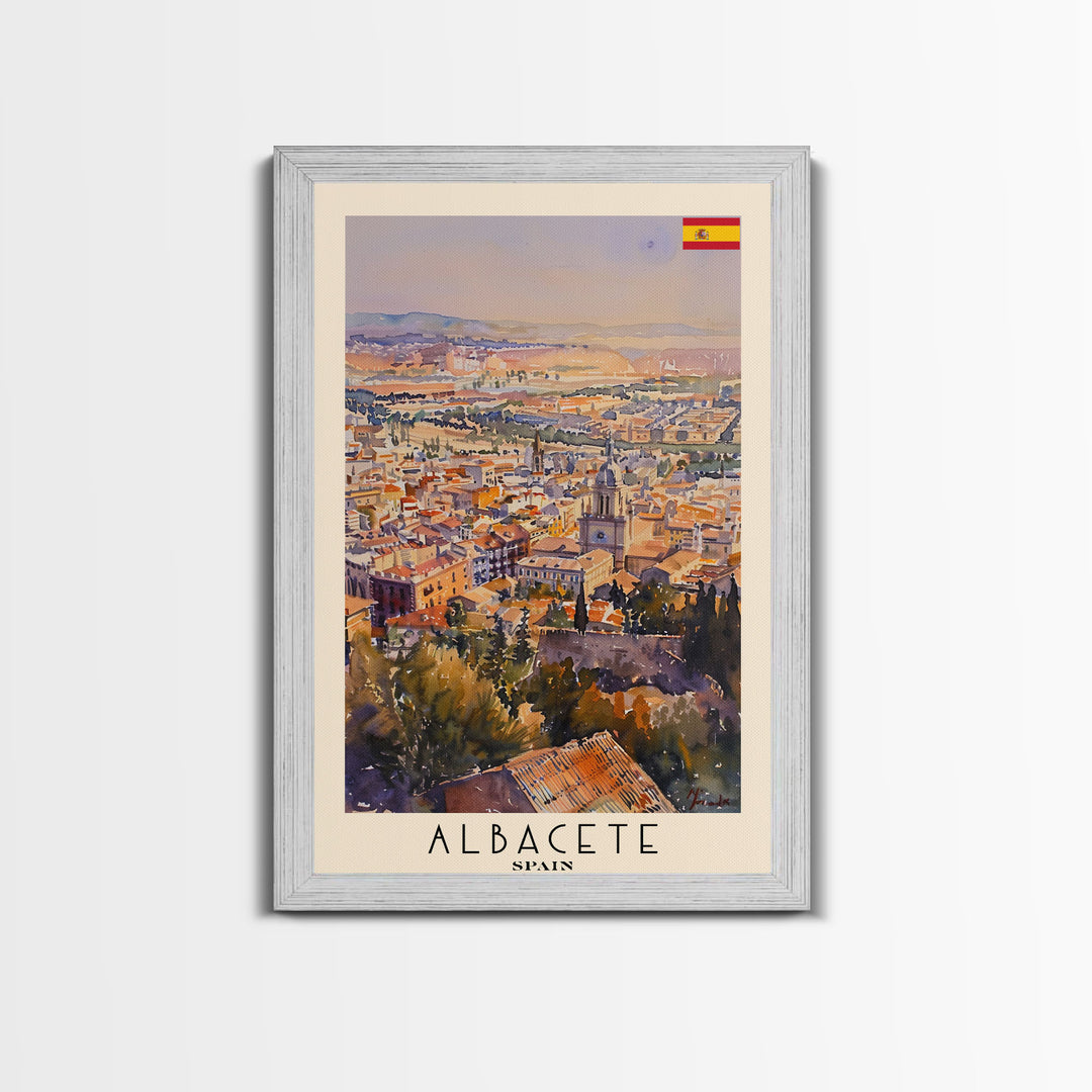 Albacete Spain Skyline Travel Poster Art, Framed Canvas Print, Vibrant Wall Art for Living Room, Bedroom Decor, Home Decoration