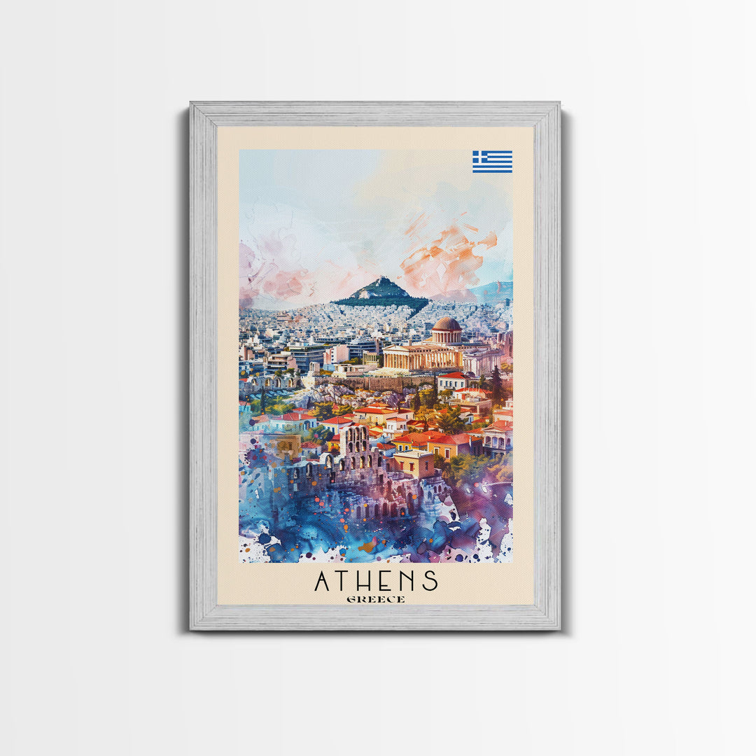 Athens Greece Travel Poster Framed Canvas Print, Wall Art, Home Decor, Vacation Print, Watercolor Painting, Ancient Ruins, Historical Art