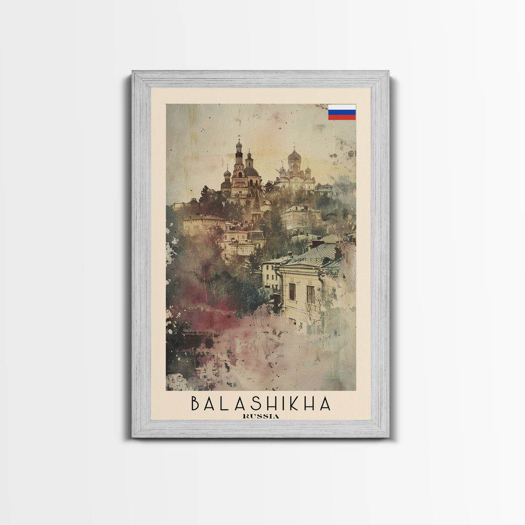 Balashikha Russia Travel Poster Framed Canvas Print, Wall Art, Home Decor, Vacation Print, Watercolor Painting, Cityscape Art, Atmospheric Art