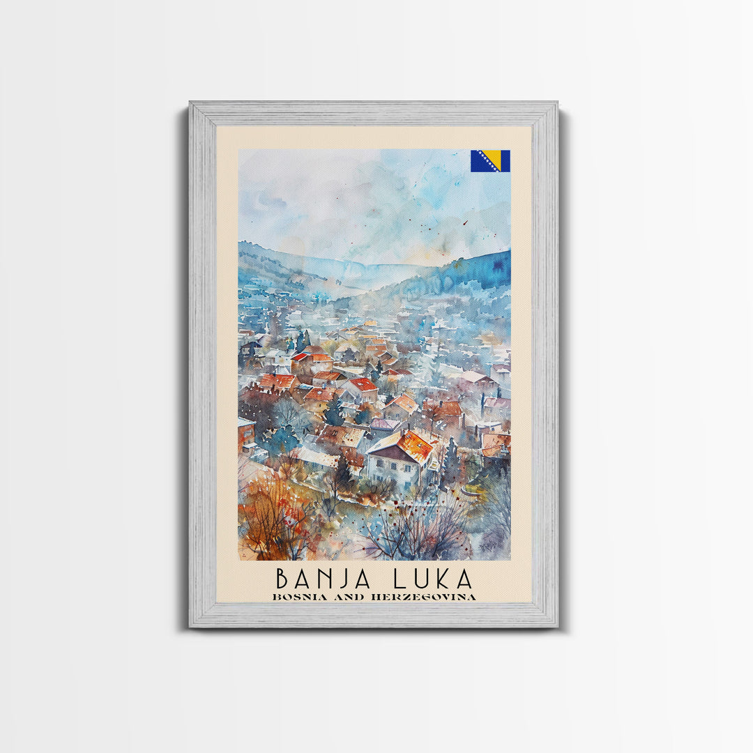 Banja Luka Bosnia Travel Poster Framed Canvas Print, Wall Art, Home Decor, Travel Print, Watercolor Painting, Scenic View, Original Art