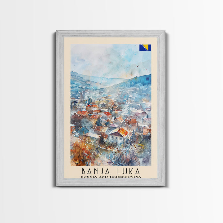 Banja Luka Bosnia Travel Poster Framed Canvas Print, Wall Art, Home Decor, Travel Print, Watercolor Painting, Scenic View, Original Art