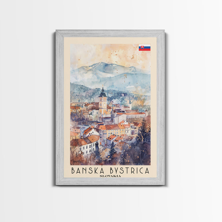 Banska Bystrica Slovakia Travel Poster Framed Canvas Print, Wall Art, Home Decor, Vacation Print, Watercolor Painting, Cityscape Art