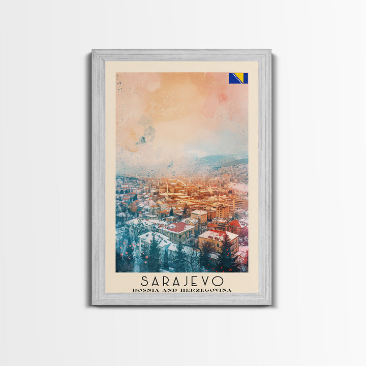 Sarajevo Bosnia and Herzegovina Travel Poster Framed Canvas Print, Watercolor Painting, Historic Wall Art, Home Decor, Bosnian Cityscape, Classic Art