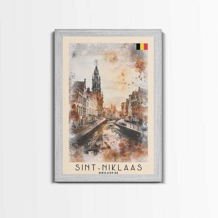 Sint-Niklaas Belgium Travel Poster Framed Canvas Print, Watercolor Painting, Scenic Wall Art, Home Decor, Belgian Cityscape, Classic Decor