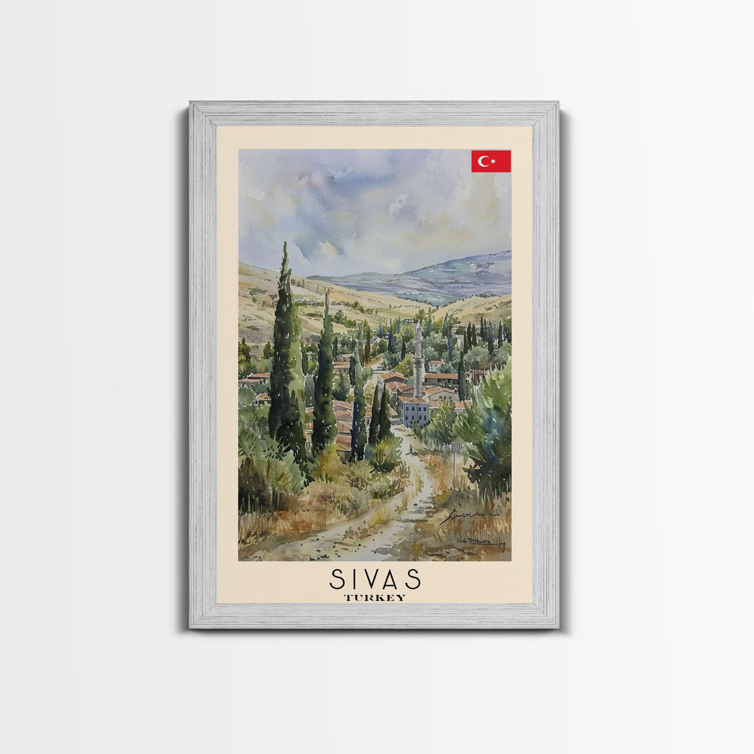 Sivas Turkey Travel Poster Framed Canvas Print, Watercolor Painting, Scenic Wall Art, Home Decor, Turkish Landscape, Modern Art