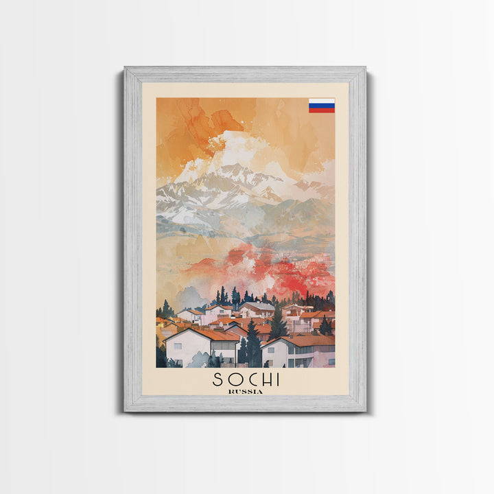 Sochi Russia Travel Poster Framed Canvas Print, Watercolor Painting, Coastal Wall Art, Home Decor, Russian Seaside, Vibrant Art