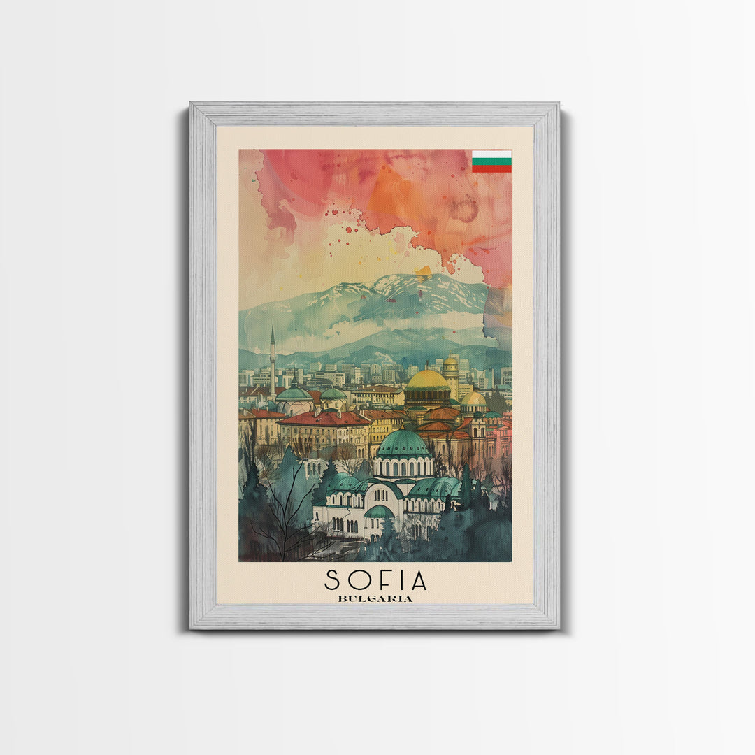 Sofia Bulgaria Travel Poster Framed Canvas Print, Watercolor Painting, Scenic Wall Art, Home Decor, Bulgarian Cityscape, Modern Decor