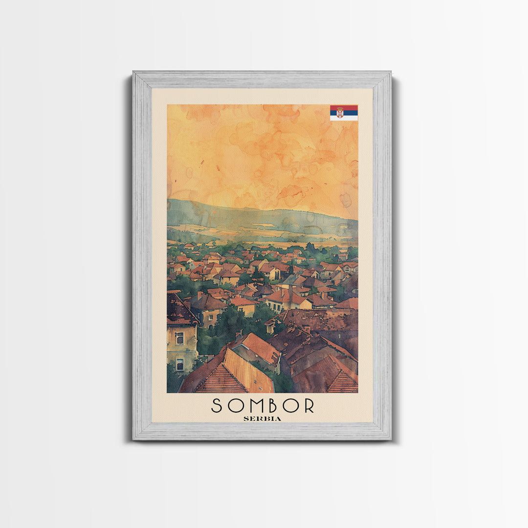 Sombor Serbia Travel Poster Framed Canvas Print, Watercolor Painting, Scenic Wall Art, Home Decor, Serbian Landscape, Classic Art