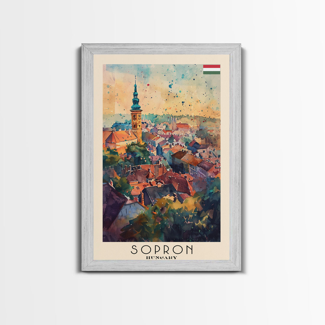 Sopron Hungary Travel Poster Framed Canvas Print, Watercolor Painting, Scenic Wall Art, Home Decor, Hungarian Cityscape, Artistic Art