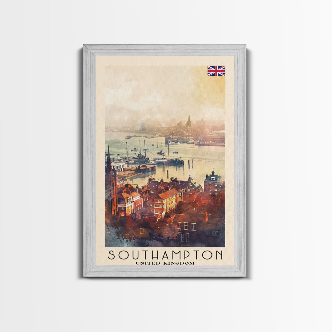 Southampton United Kingdom Travel Poster Framed Canvas Print, Watercolor Painting, Coastal Wall Art, Home Decor, British Seaside, Vibrant Decor