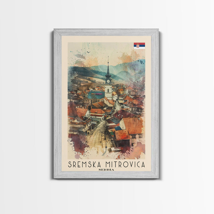 Sremska Mitrovica Serbia Travel Poster Framed Canvas Print, Watercolor Painting, Scenic Wall Art, Home Decor, Serbian Landscape, Artistic Decor