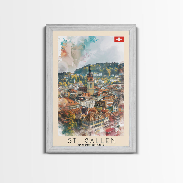 St Gallen Switzerland Travel Poster Framed Canvas Print, Watercolor Painting, Scenic Wall Art, Home Decor, Swiss Landscape, Classic Art